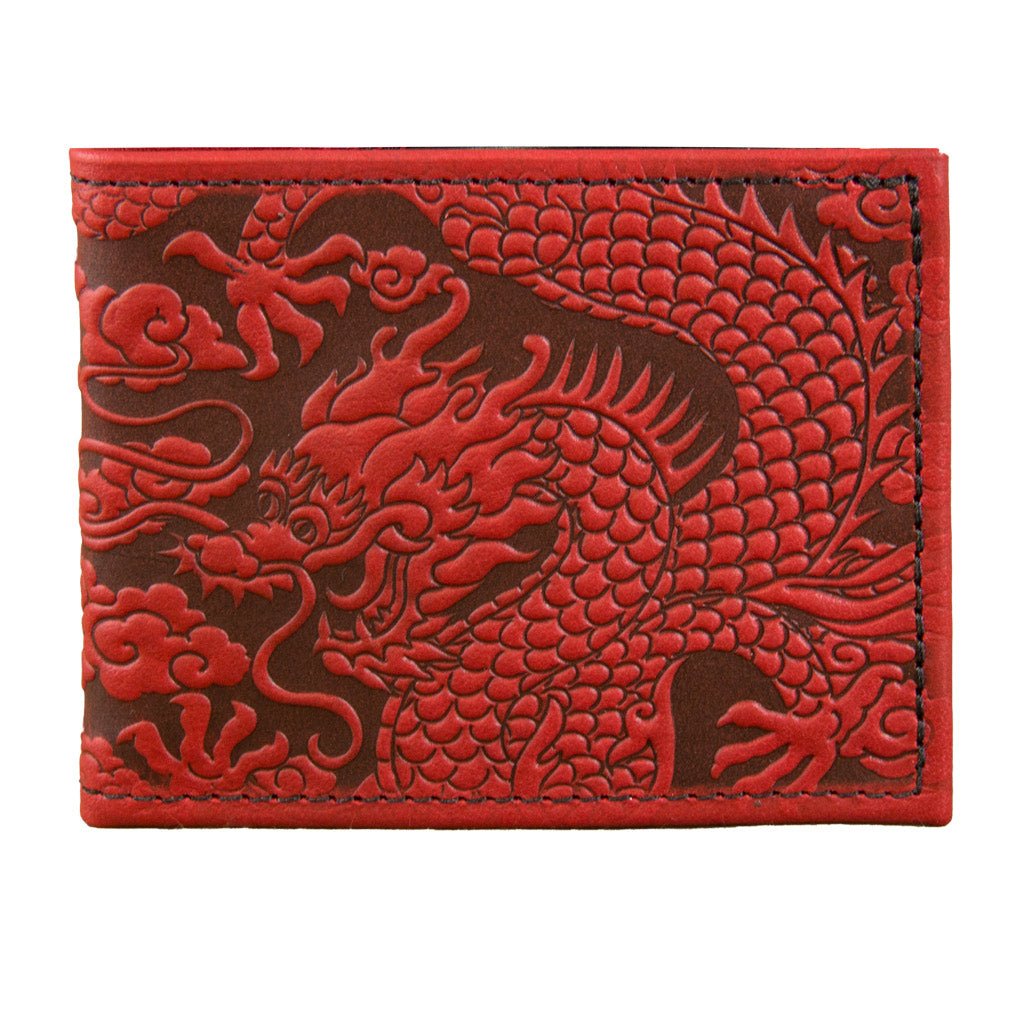 Oberon Design Leather Bi-Fold Wallet, Cloud Dragon, Red