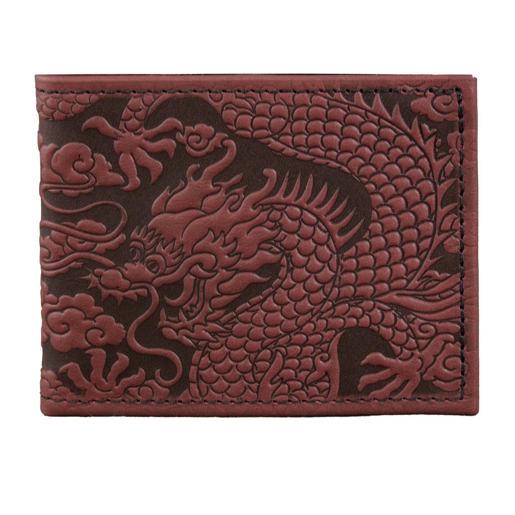 Oberon Design Leather Bi-Fold Wallet, Cloud Dragon, WIne