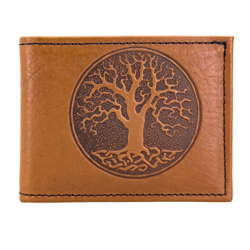 Oberon Design Leather Men's Wallet, Tree of Life, Saddle