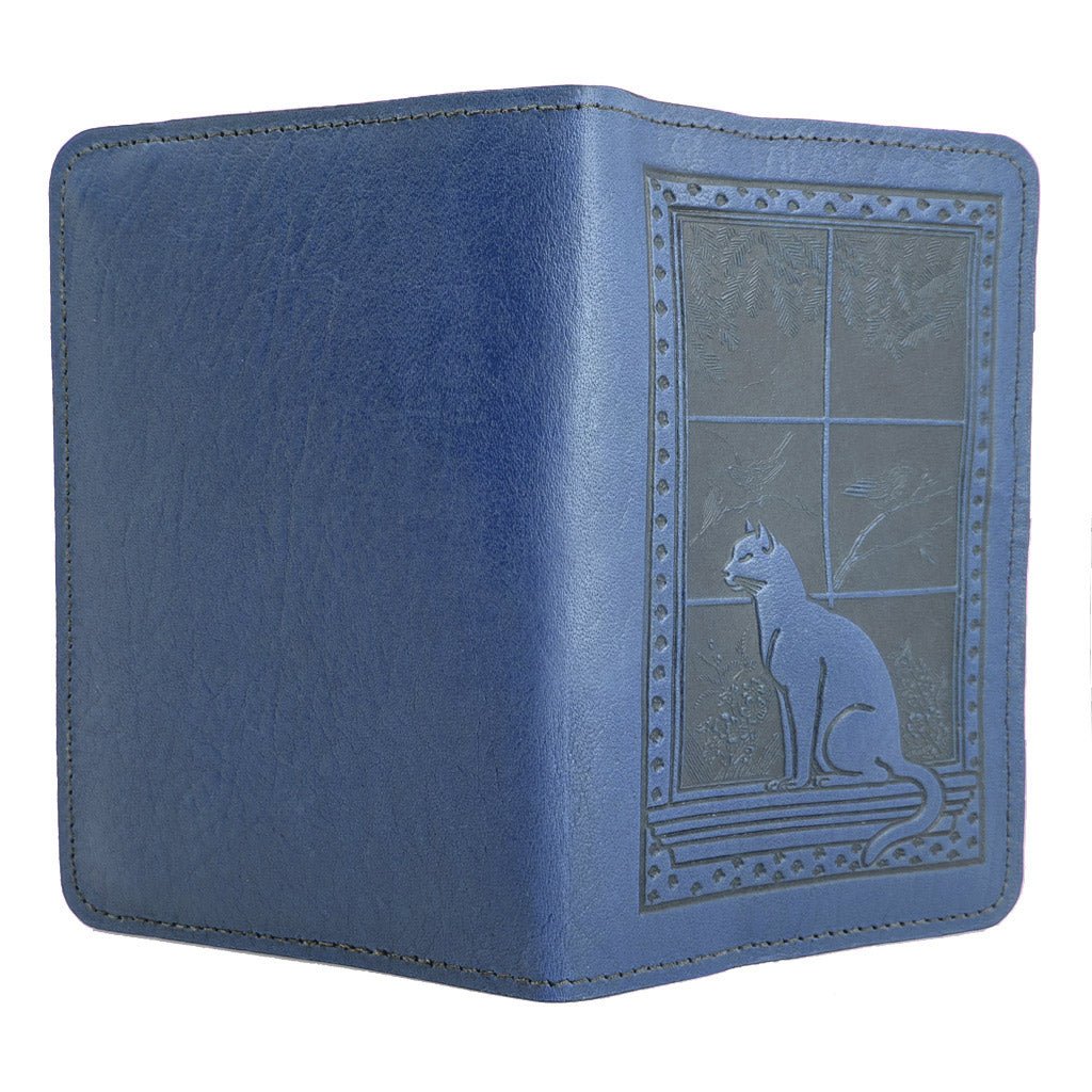 Oberon Design Leather Pocket Notebook Cover, Cat in Window, Blue - Open