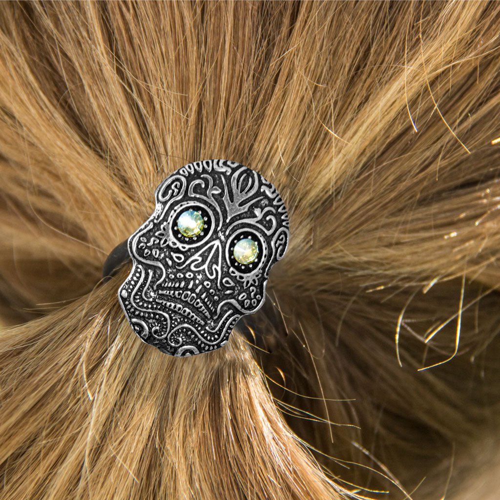 Oberon Design Ponytail Holder, Women&#39;s Hair Tie, Sugar Skull, Model - Ponytail