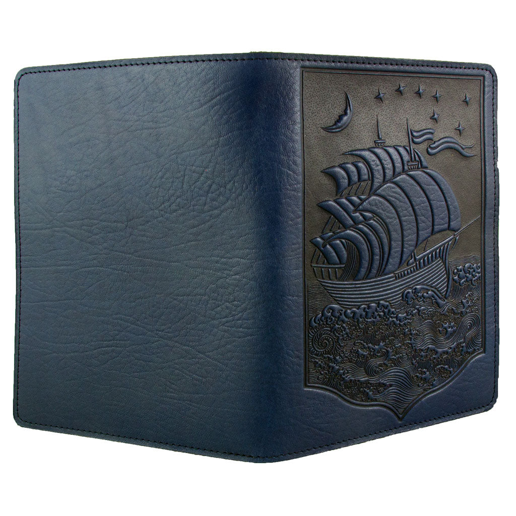 Leather Portfolio with Notepad, Pockets and Pen Holder, Night Ship, Open