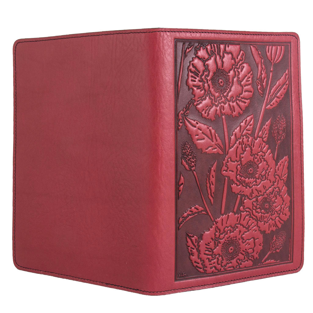 Leather Portfolio with Notepad, Pockets and Pen Holder, Oriental Poppy, Open