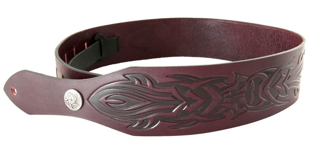 Oberon Design Hand-Crafted Adjustable Leather Guitar Strap, Tribal, Wine - Button