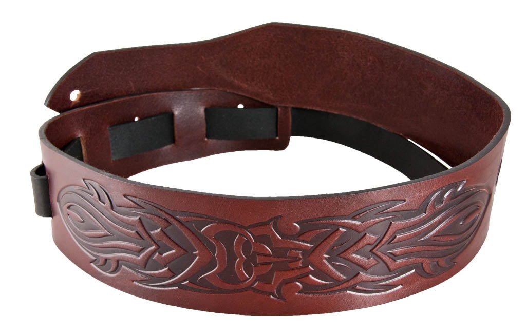Oberon Design Hand-Crafted Adjustable Leather Guitar Strap, Tribal, Wine