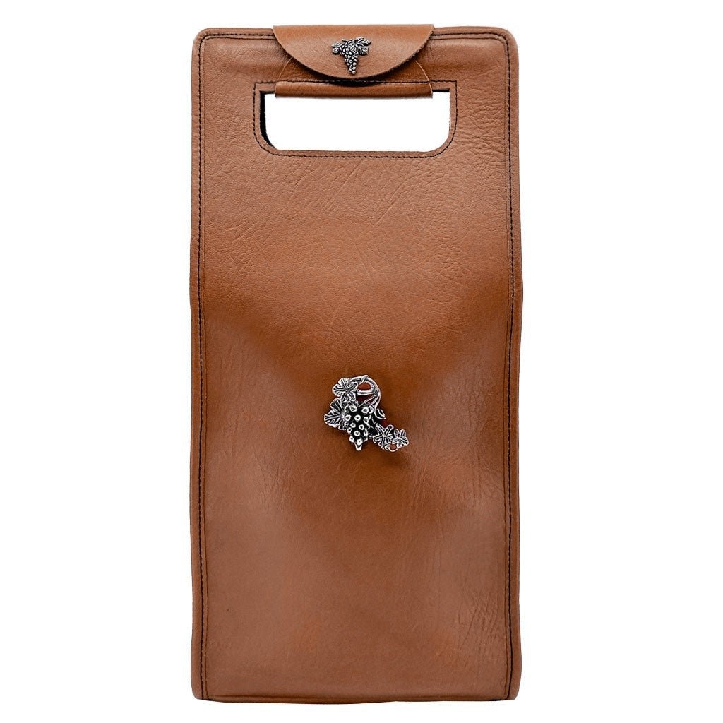 Leather wine bottle bags double and single black and saddle with grapevine medallion