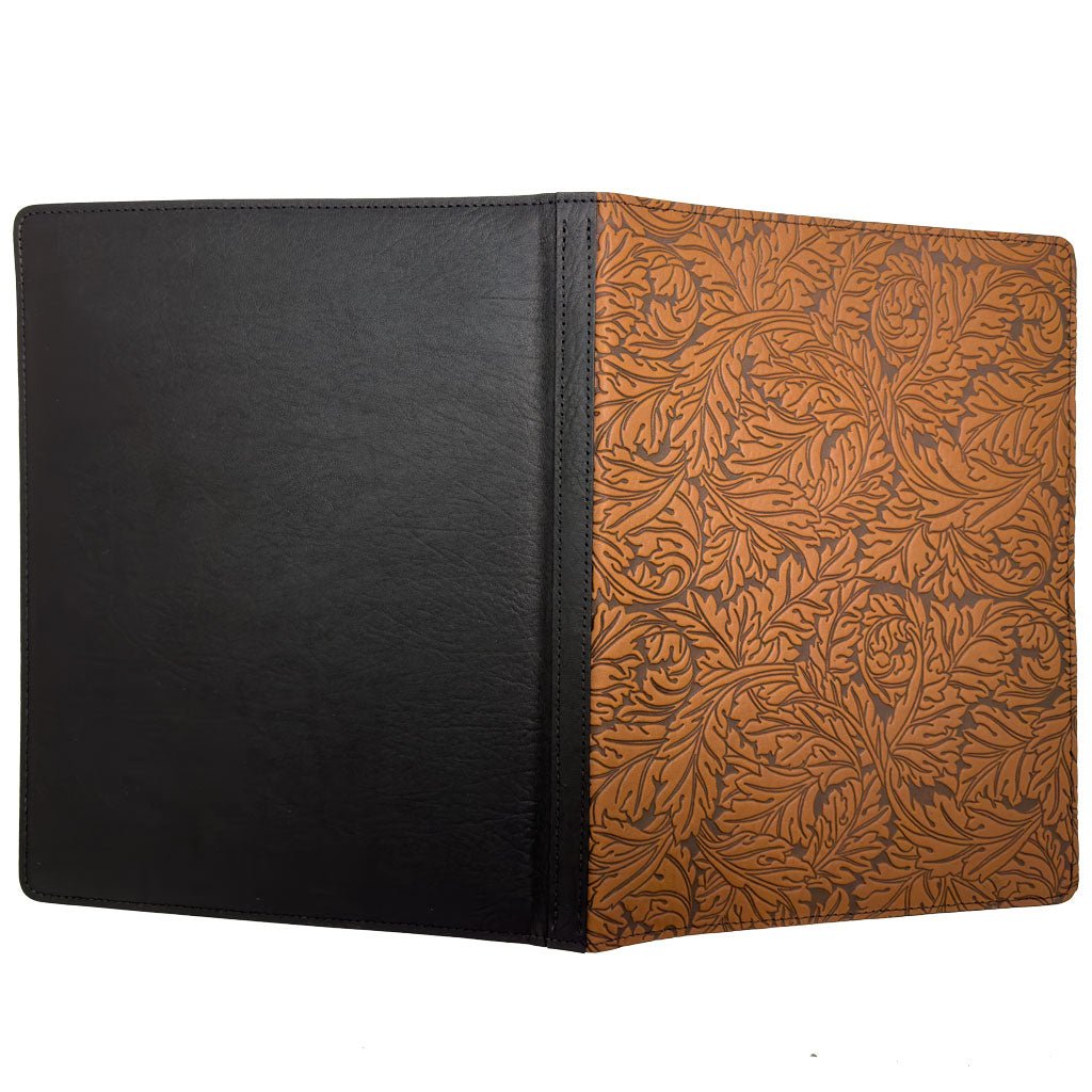 Oberon Design Large Leather Notebook Portfolio, Acanthus in Saddle Open