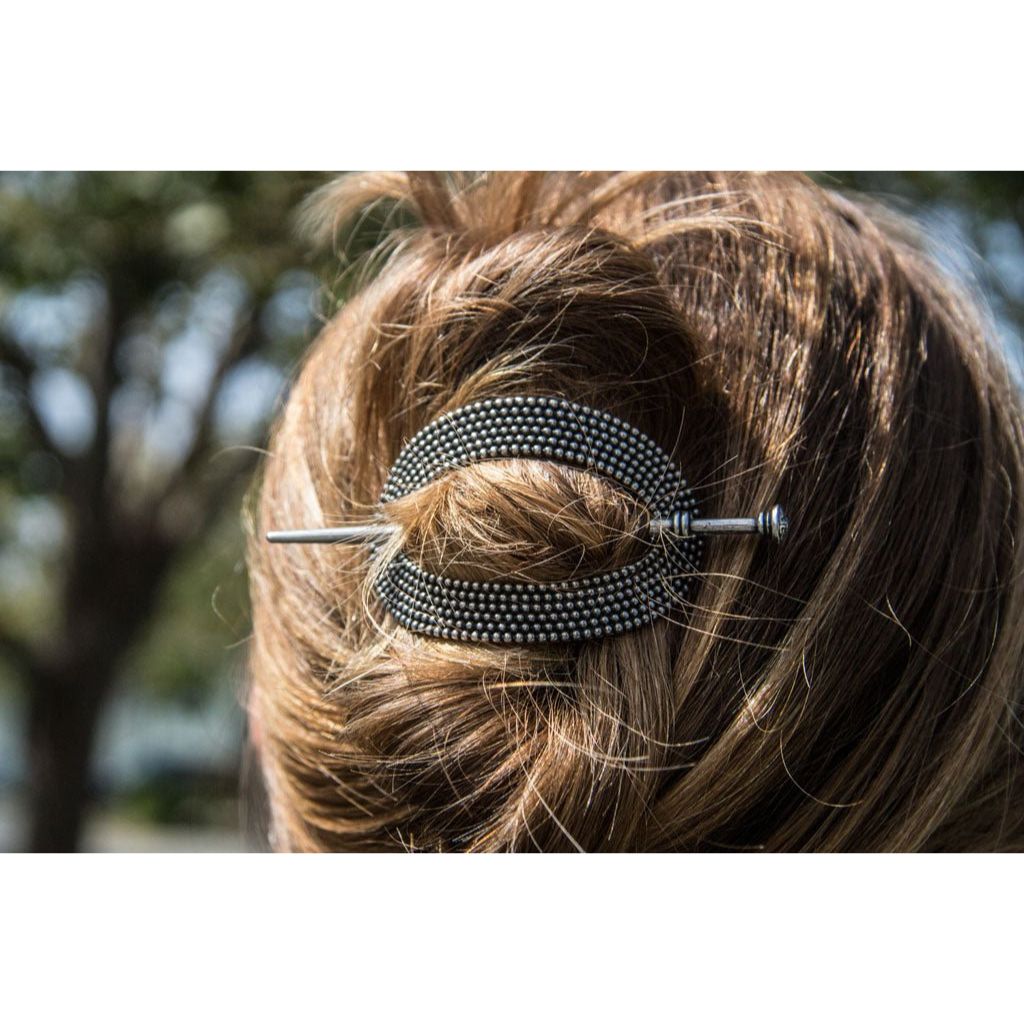 Oberon Design Hand-Cast Metal Hair Stick, Hair Slide, Pebbled Stick, Model