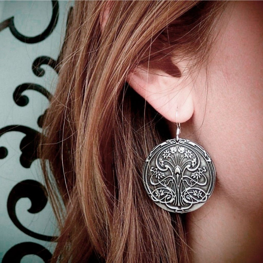 Oberon Design Britannia Metal Jewelry, Earrings, Pond Lily, Model