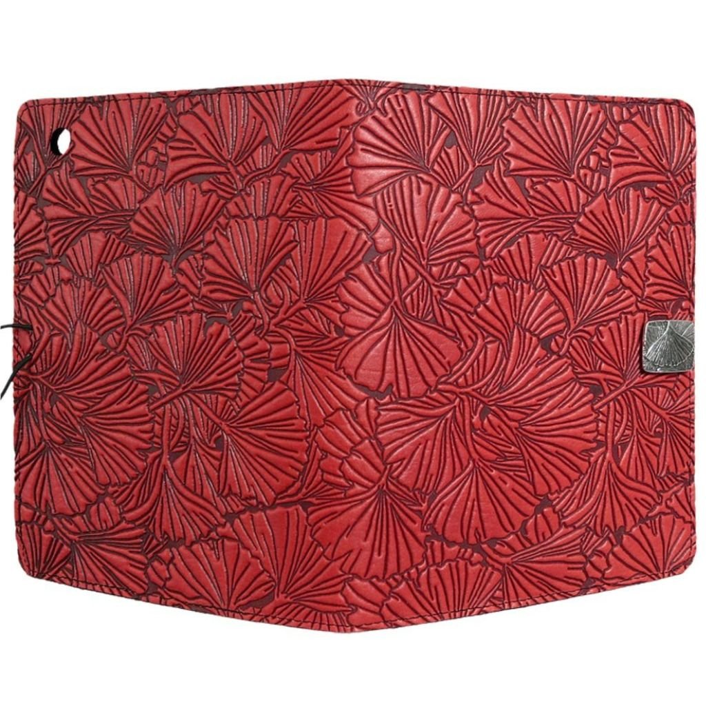 Oberon Design Leather iPad Mini Cover, Case, Ginkgo Leaves, Red - Open