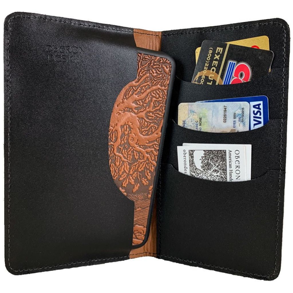 Oberon Design Large Leather Smartphone Wallet, Saddle Interior with Phone