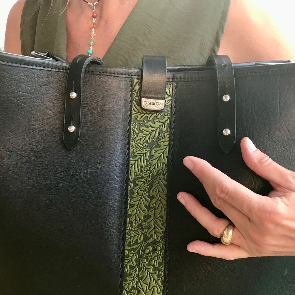 Limited Edition Leather Handbag, Sonoma Tote, Oak Leaf in FERN, Modeled Hand Image