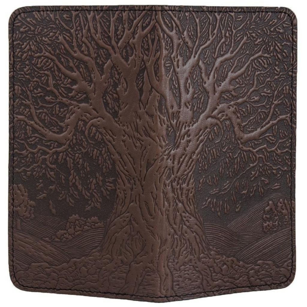 Leather Checkbook Cover, Tree of Life in Chocolate - Open