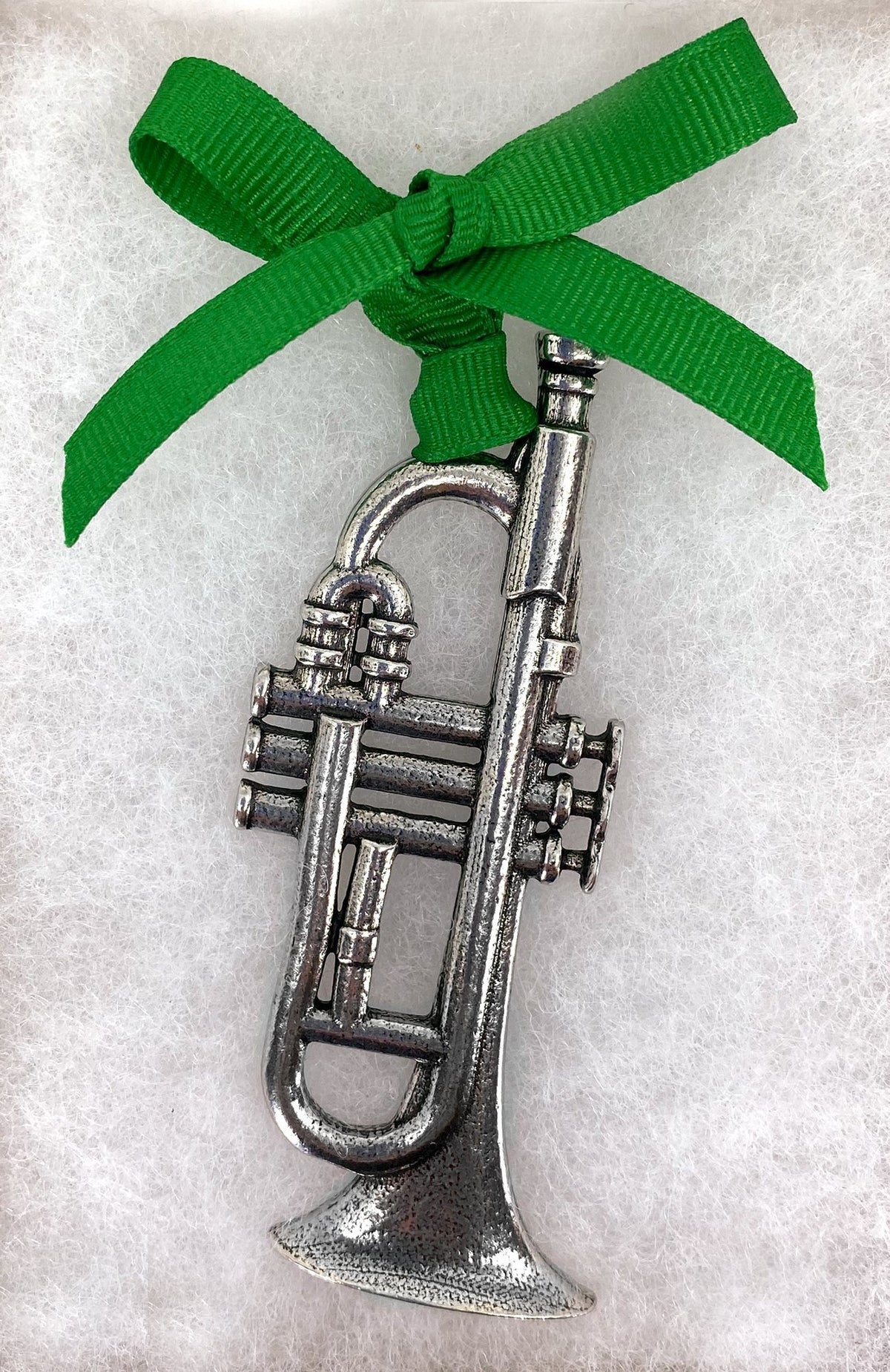 Oberon Design Collectable Metal Holiday Ornament, Christmas Trumpet with Ribbon