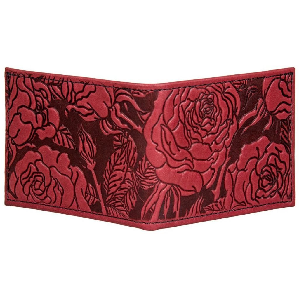 Oberon Design Leather Bi-fold Women&#39;s Wallet, Wild Rose, Red, Open