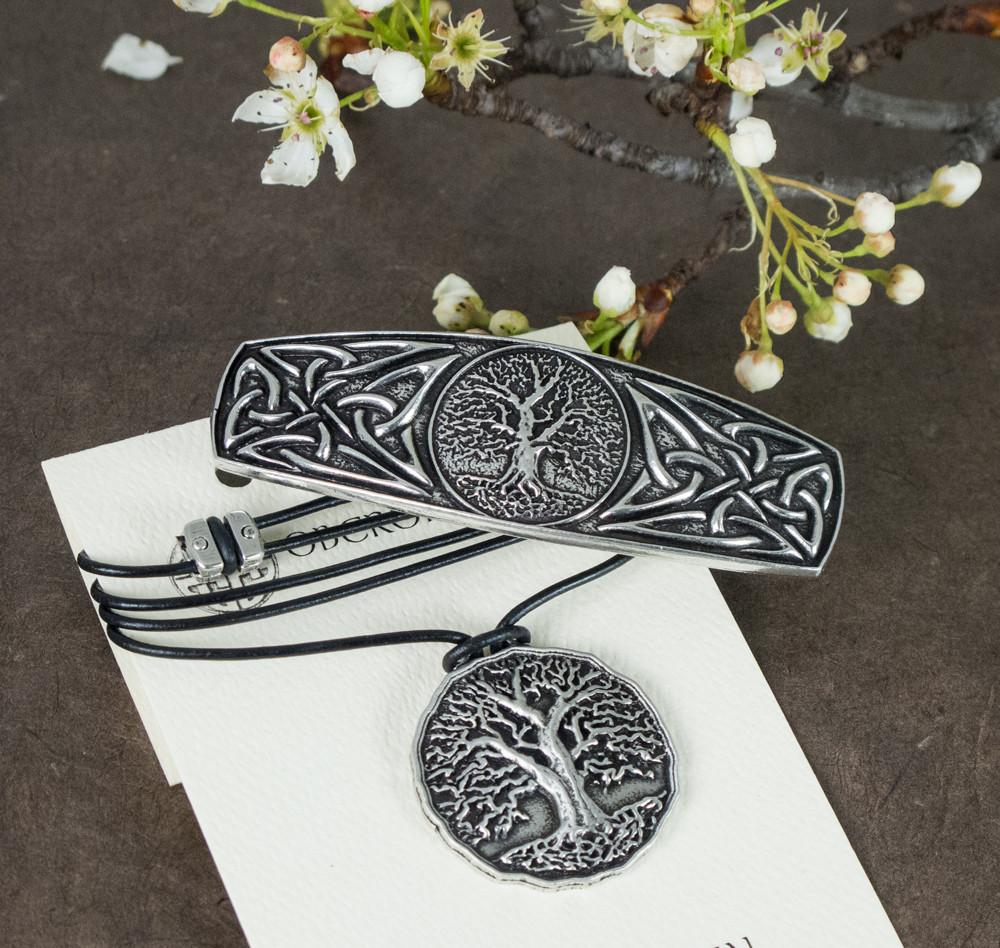 Oberon Design Jewelry Set, Tree of Life Necklace and Hair Clip