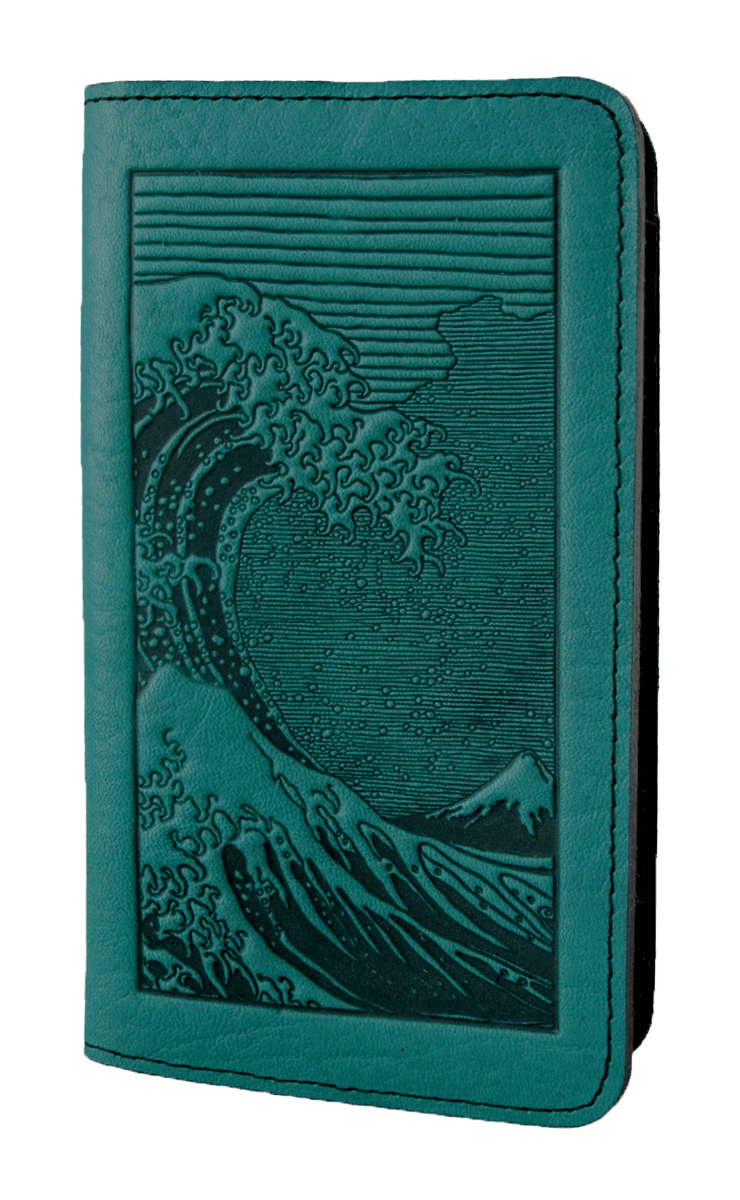 Oberon Design Small Oberon Design Small Leather Smartphone Wallet Case, Hokusai Wave in Navy