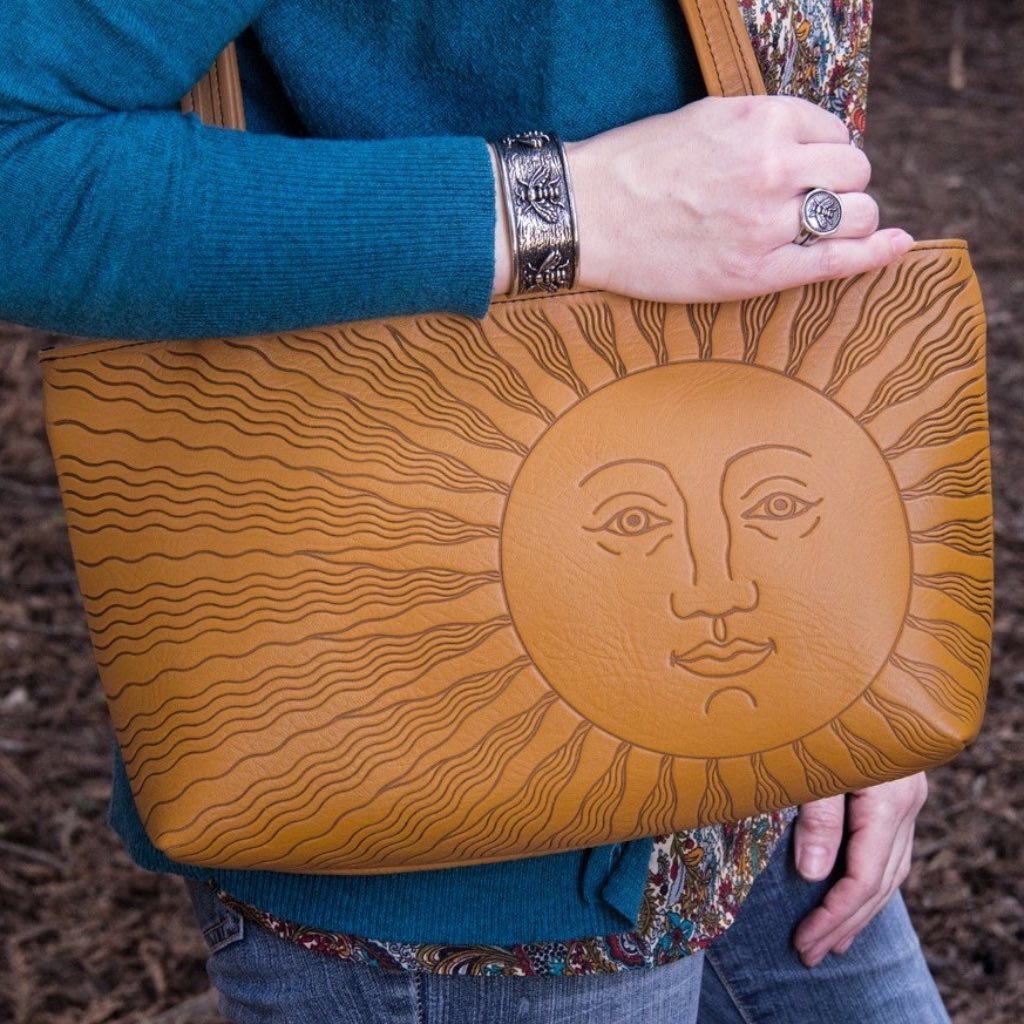 Leather Handbag, Streamline Sun in Marigold on model