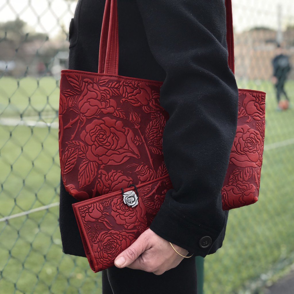 Oberon Design Leather Women&#39;s Handbag, Wild Rose Streamline with wallet, Red, soccer mom