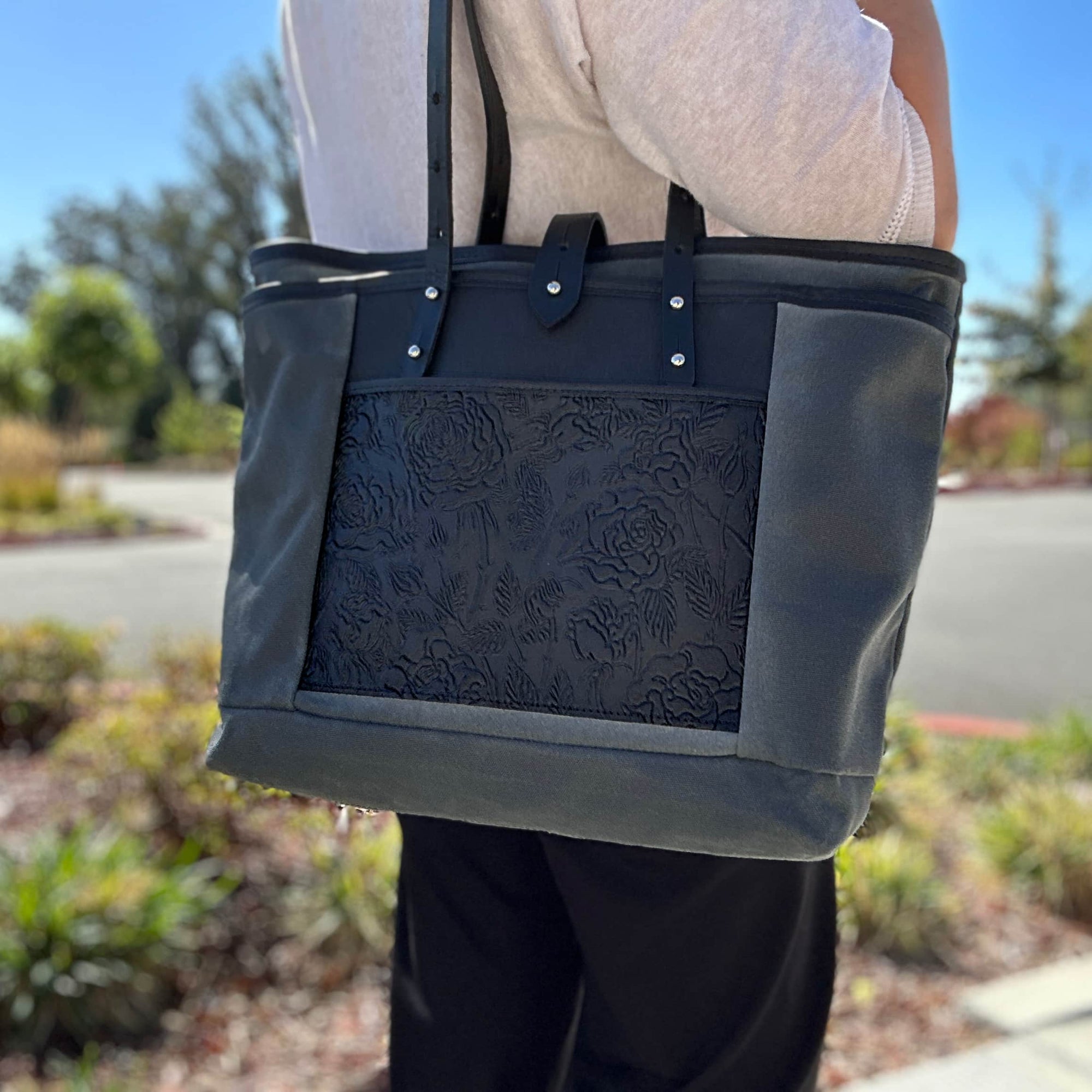 Wild Rose Every Day Tote in Charcoal and Black on model