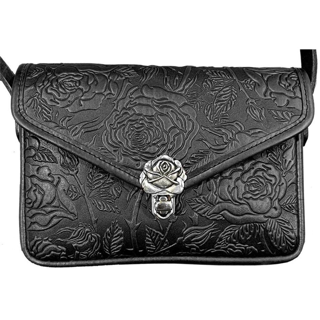 Oberon Design Leather Women's Cell Phone Handbag, Becca, Wild Rose, Black