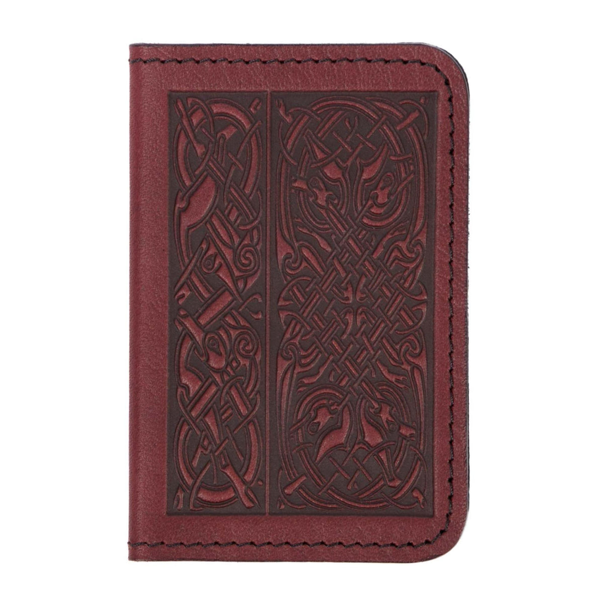 Leather Card Holder, Mini Wallet, Celtic Hounds in Wine