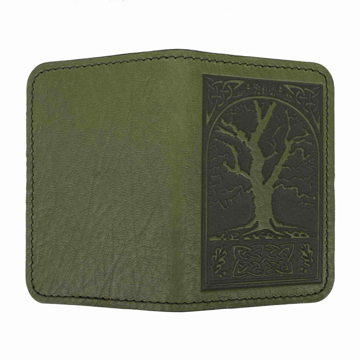 Leather Card Holder Mini Wallet, Celtic Oak in Wine, open view
