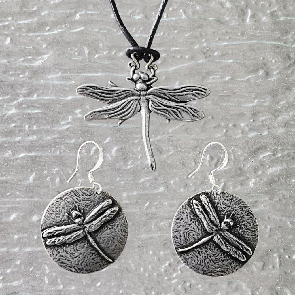 Oberon Design Dragonfly Hand-Cast Jewelry Set, Necklace &amp; Earrings