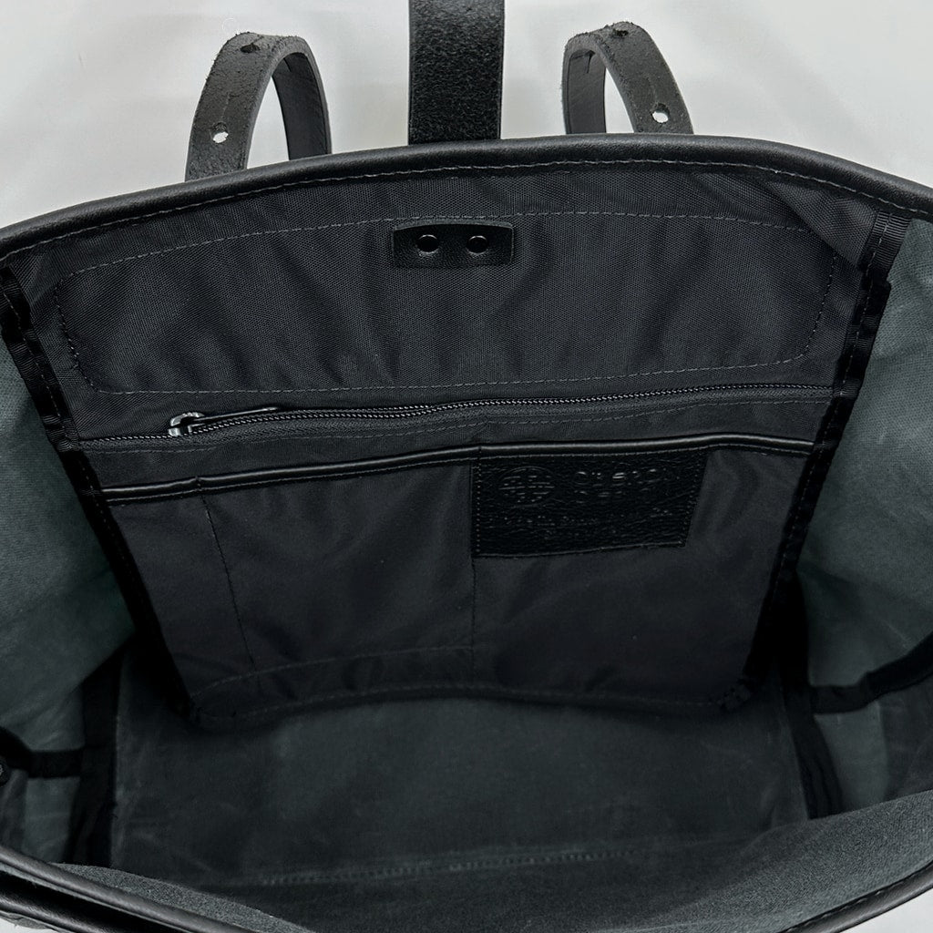 Everyday tote waxed canvas and leather interior, charcoal and black