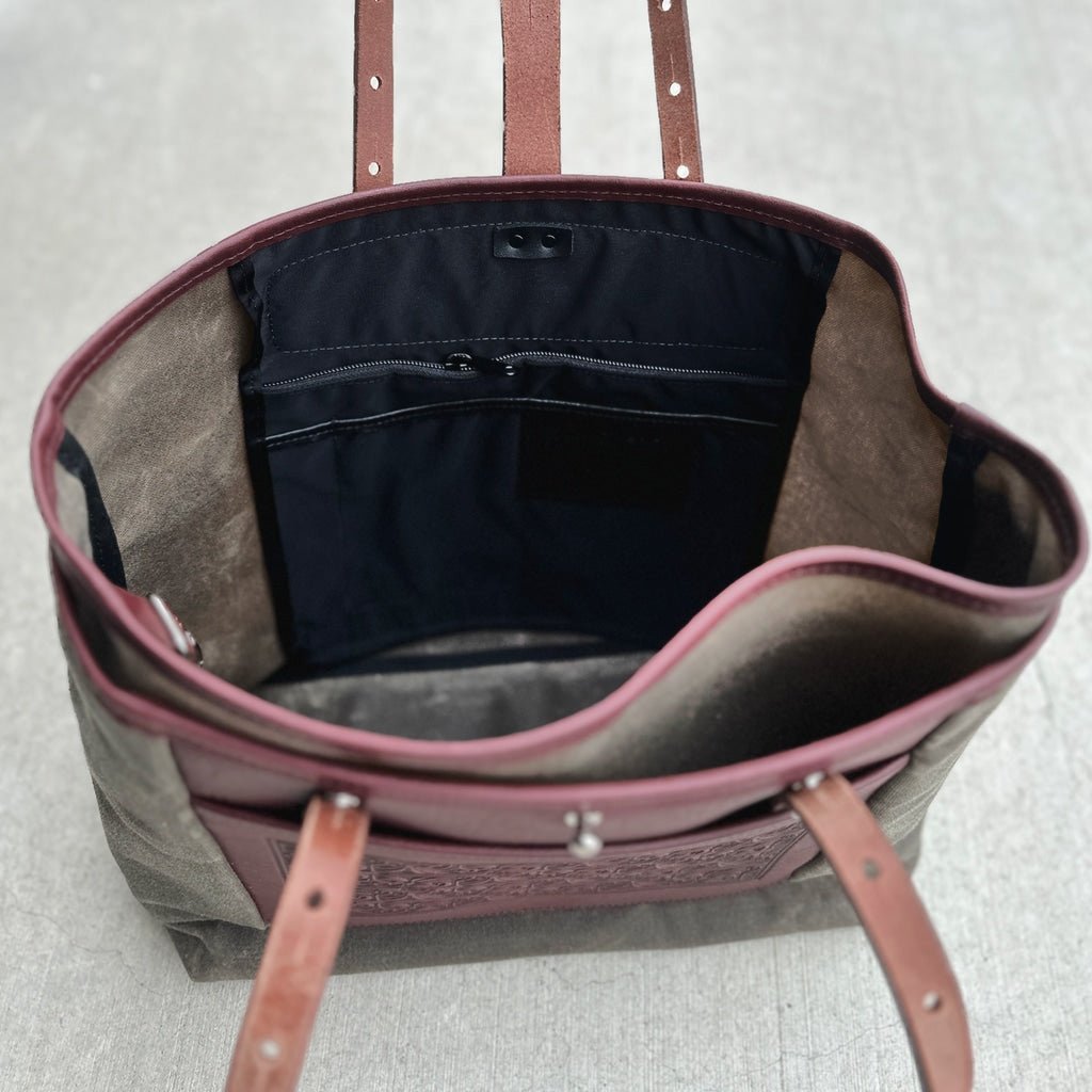 Everyday Tote, Waxed Canvas and Leather, William Morris Tulips, Tan and Wine, Model