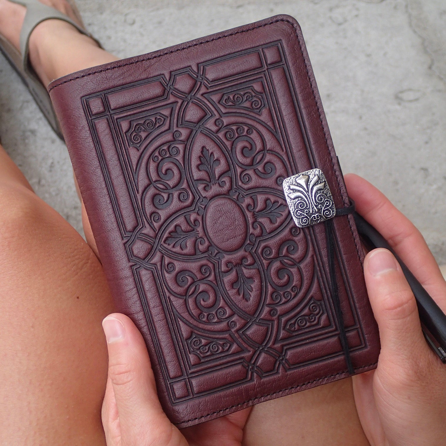 Oberon Design Leather Refillable Icon Journal Cover, Floating Lotus No Pen Loop