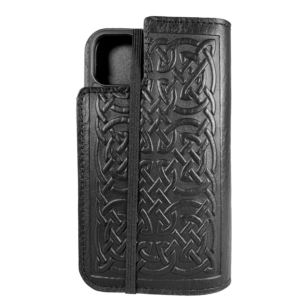 Oberon Design Bold Celtic Leather Wallet Folio Case for iPhones, Black, Back