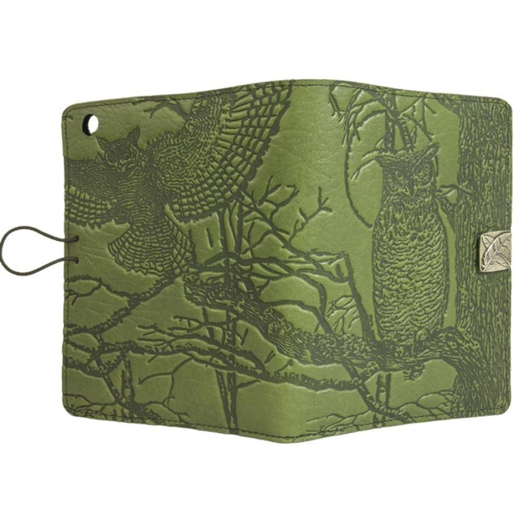 Oberon Design Leather iPad Mini Cover, Case, Horned Owl, Fern - Open