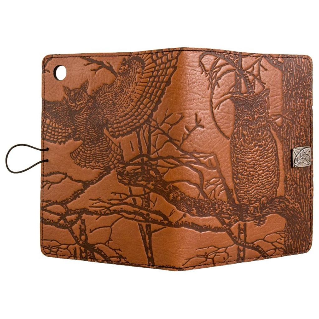 Oberon Design Leather iPad Mini Cover, Case, Horned Owl, Saddle - Open