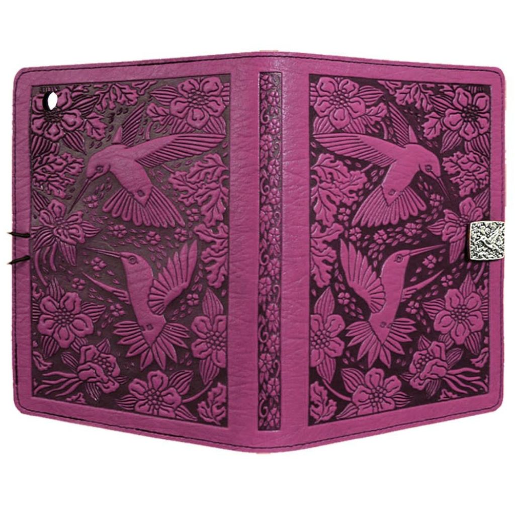 Oberon Design Leather iPad Mini Cover, Case, Hummingbirds, Orchid - Open