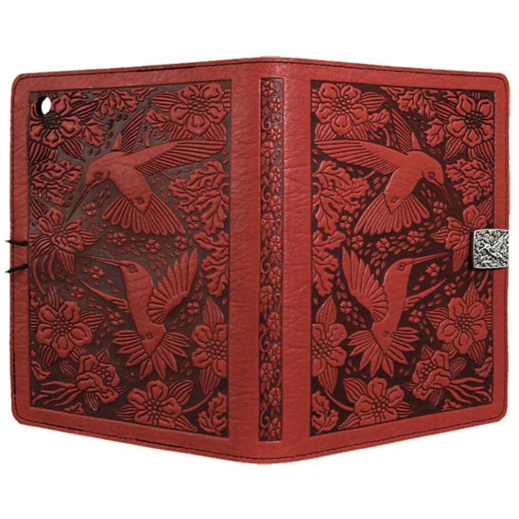 Oberon Design Leather iPad Mini Cover, Case, Hummingbirds, Red - Open