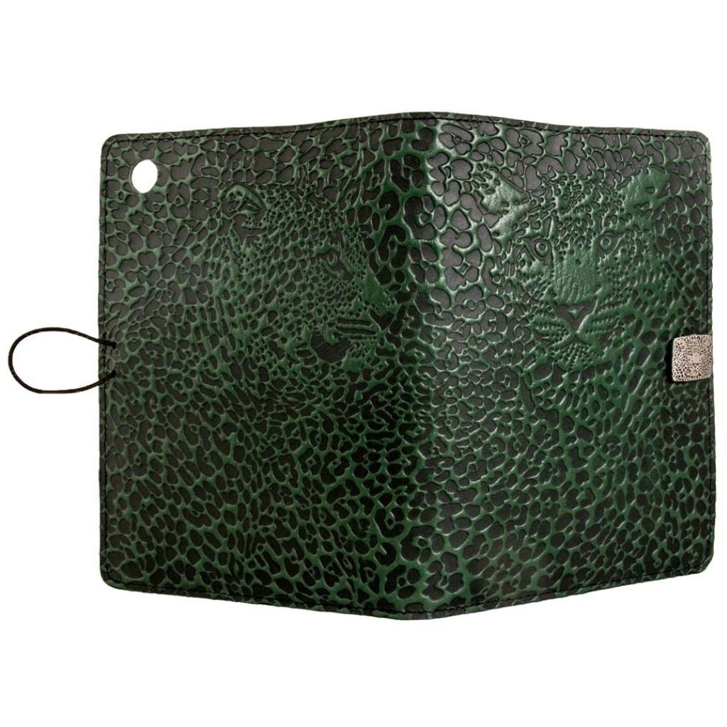 Oberon Design Leather iPad Mini Cover, Case, Leopard, Green - Open