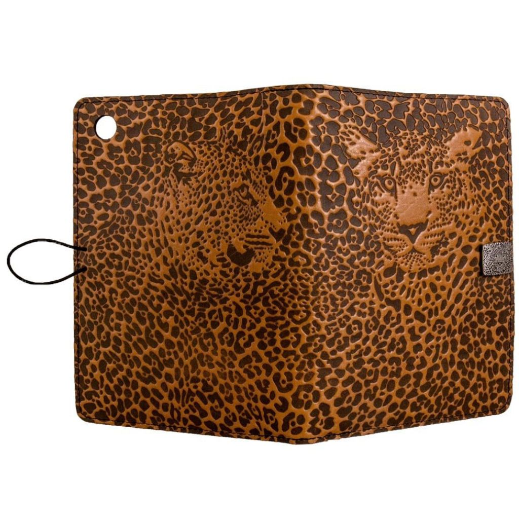 Oberon Design Leather iPad Mini Cover, Case, Leopard, Saddle - Open