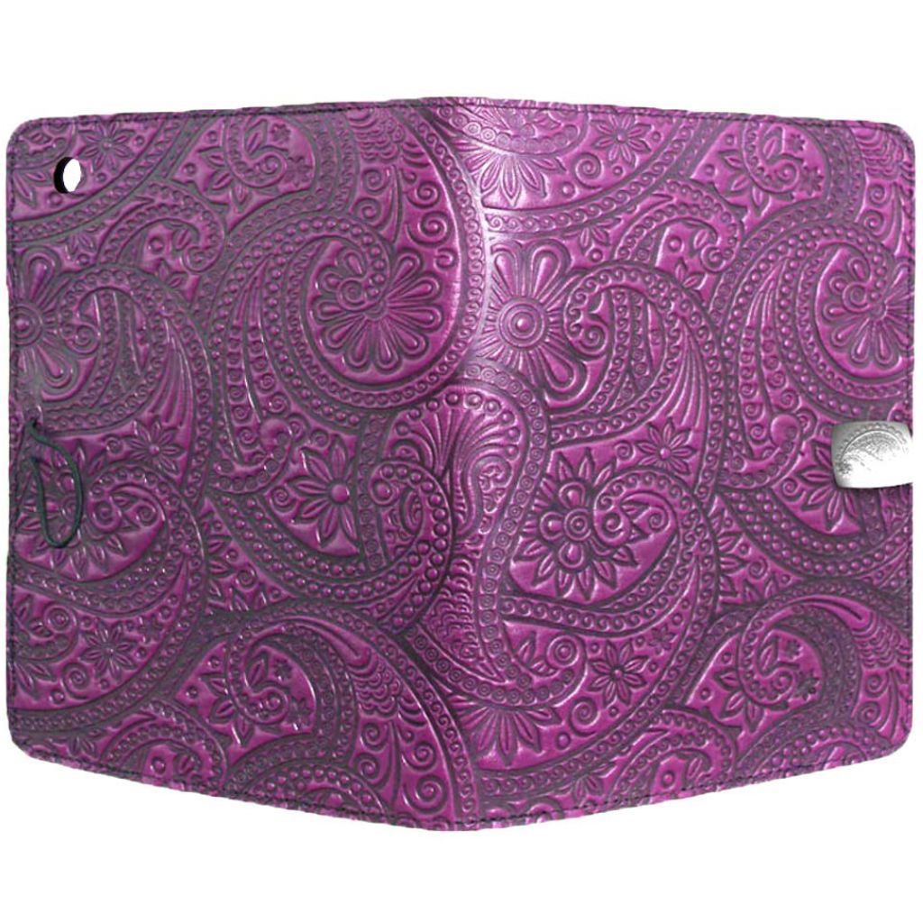 Oberon Design Leather iPad Mini Cover, Case, Paisley, Orchid - Open