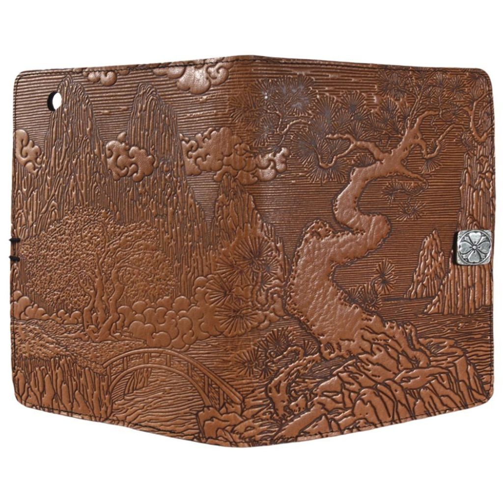Oberon Design Leather iPad Mini Cover, Case, River Garden, Saddle - Open