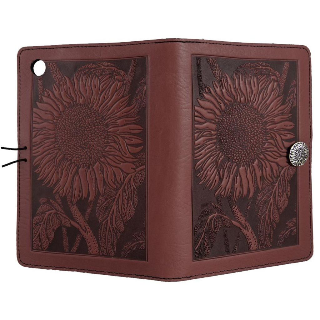 Oberon Design Leather iPad Mini Cover, Case, Sunflower, Wine - Open