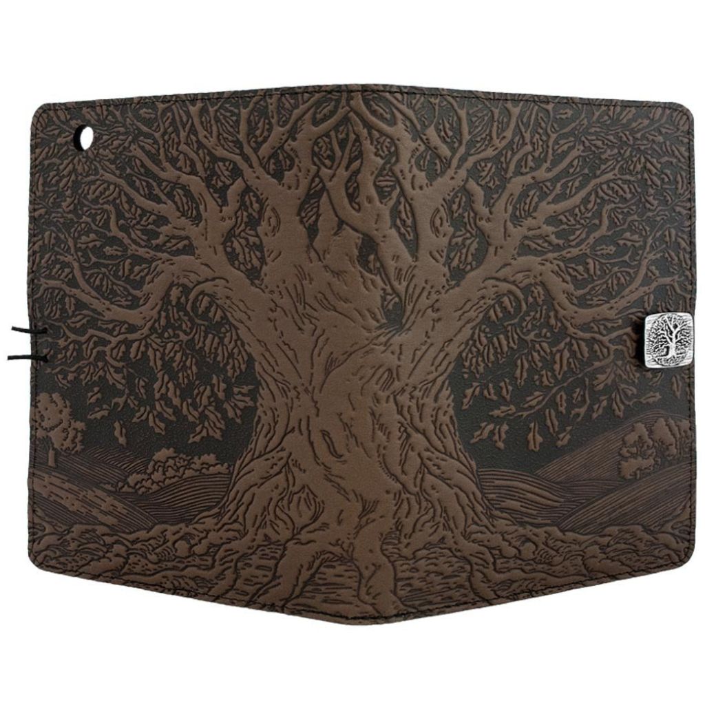 Oberon Design Leather iPad Mini Cover, Case, Tree of Life, Chocolate - Open