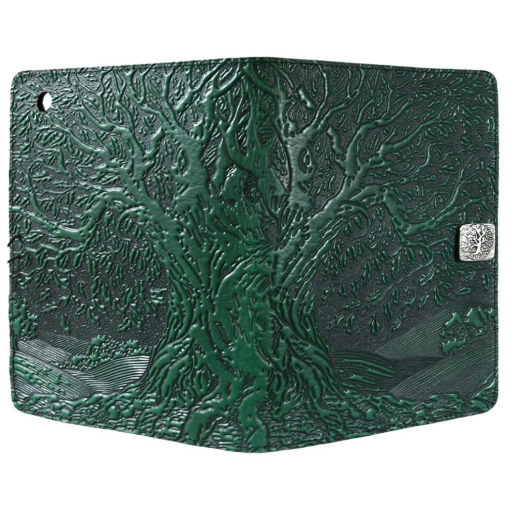 Oberon Design Leather iPad Mini Cover, Case, Tree of Life, Green - Open