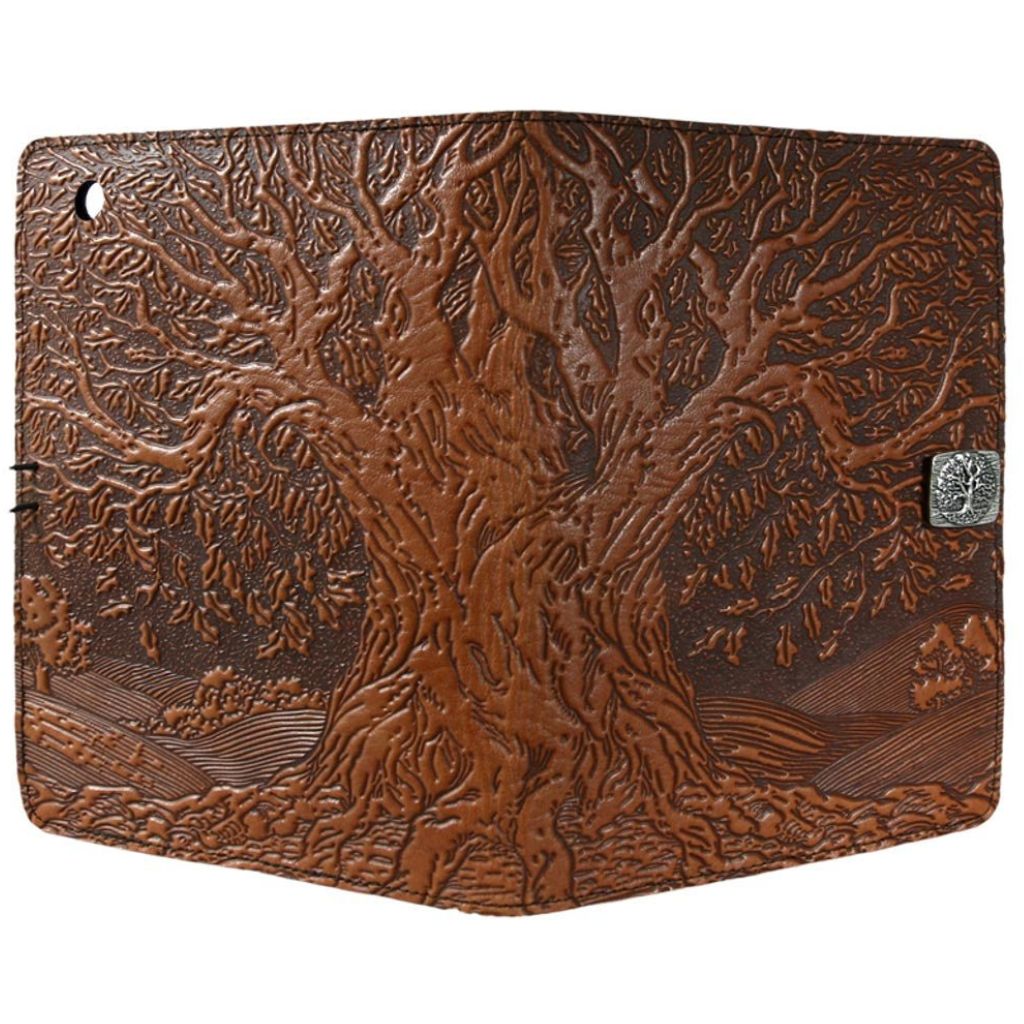 Oberon Design Leather iPad Mini Cover, Case, Tree of Life, Saddle - Open
