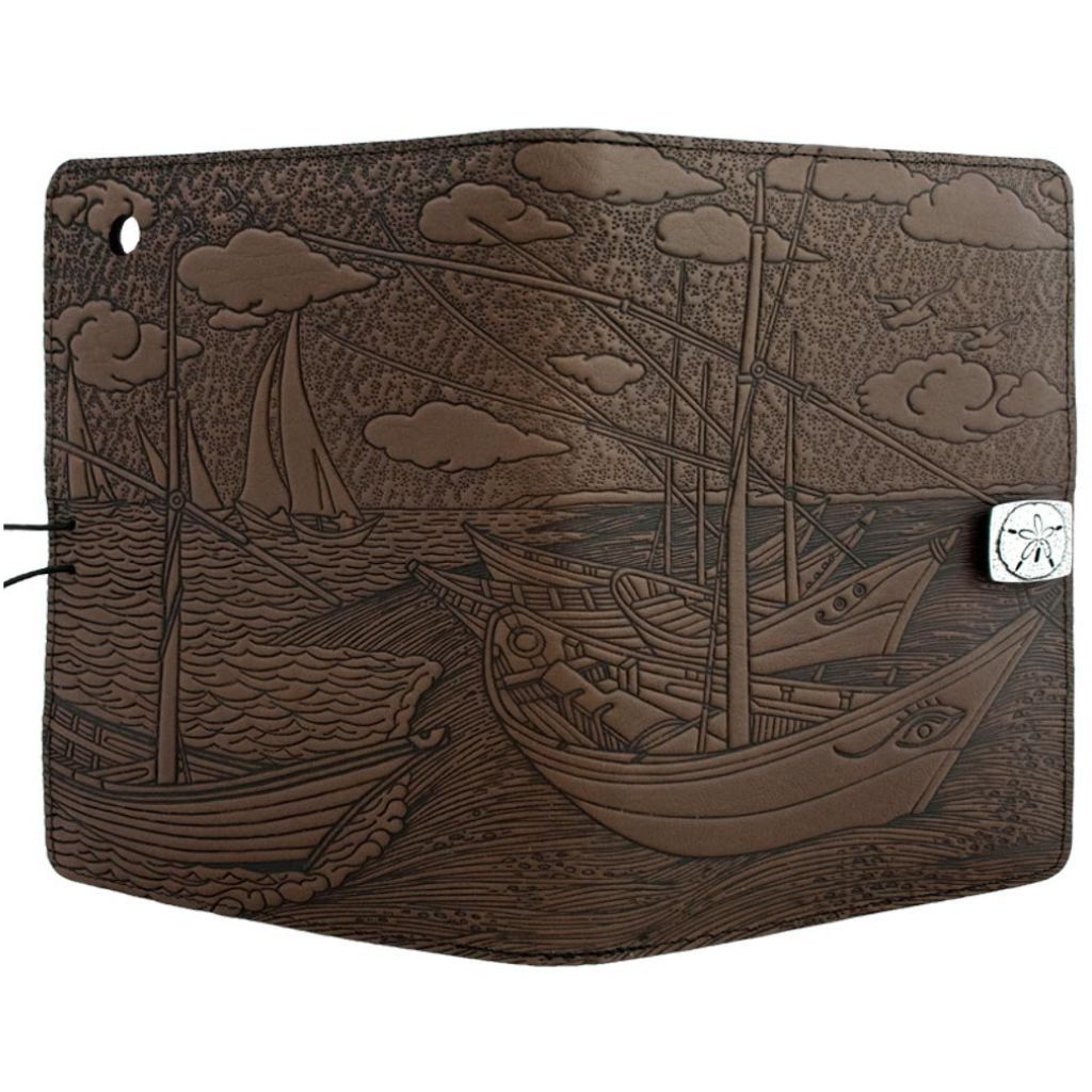 Oberon Design Leather iPad Mini Cover, Case, Van Gogh Boats, Chocolate - Open