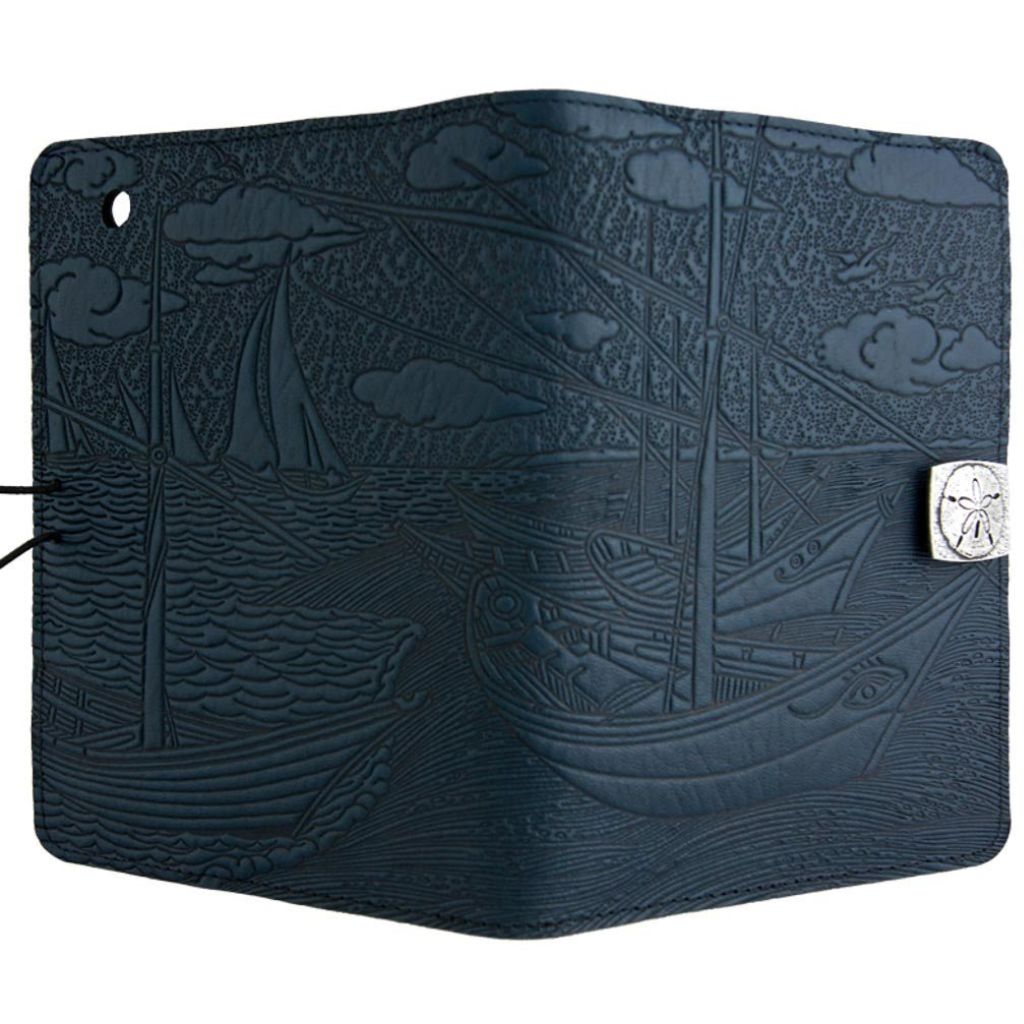 Oberon Design Leather iPad Mini Cover, Case, Van Gogh Boats, Navy - Open