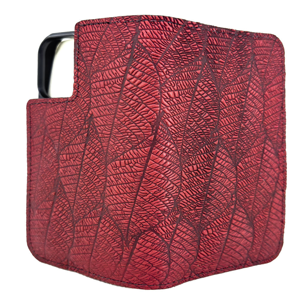 Oberon Design Fallen Leaves Leather Wallet Folio Case for iPhones, Open, Red