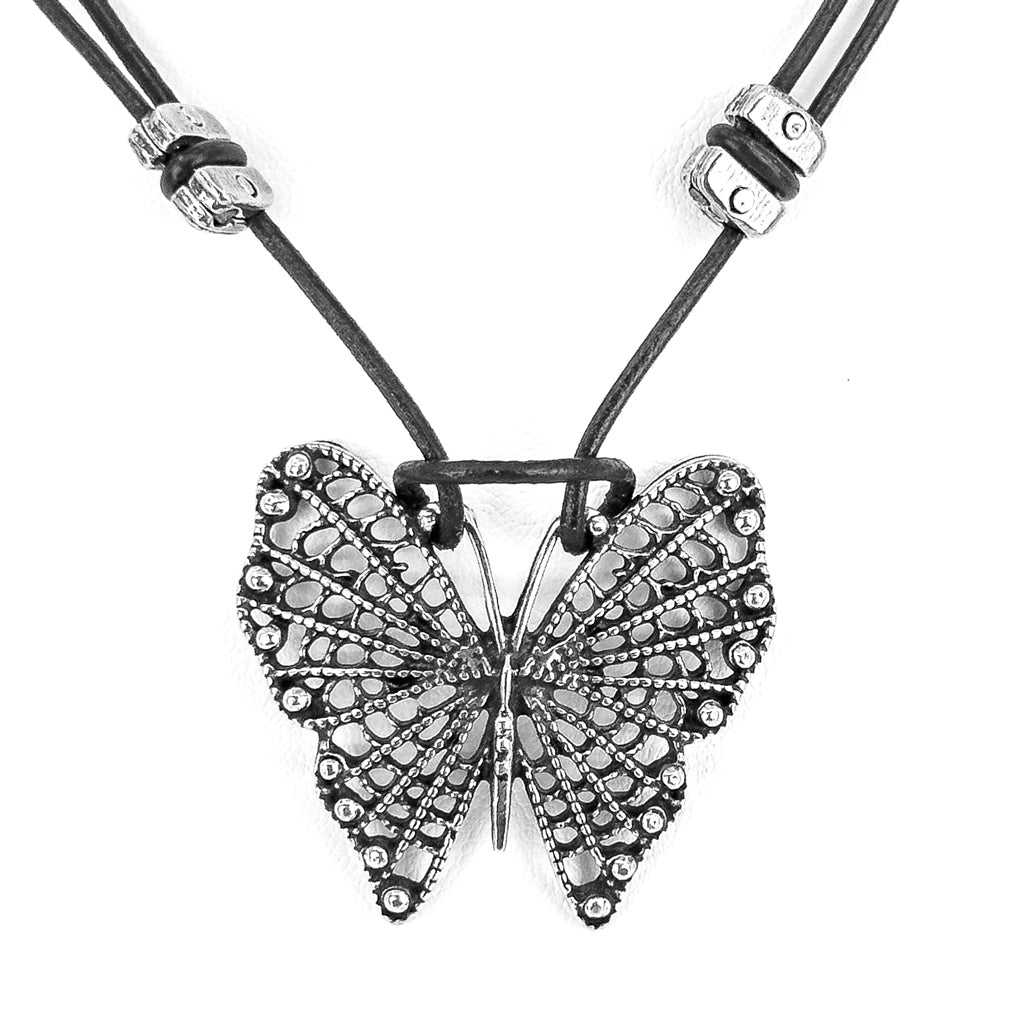 Oberon Design Hand-Cast Britannia Metal Necklace, Filigree Butterfly