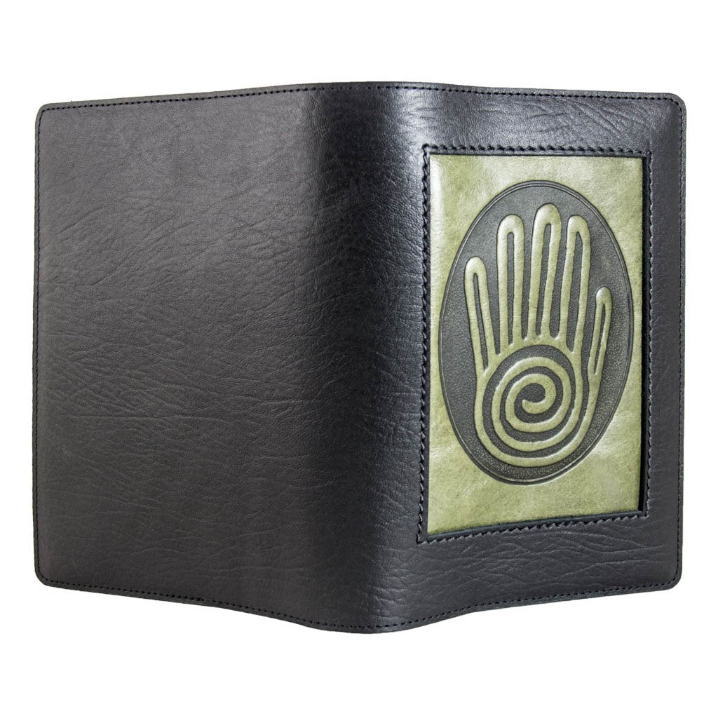 Oberon Design Leather Refillable Icon Journal Cover, Spiral Hand, Open
