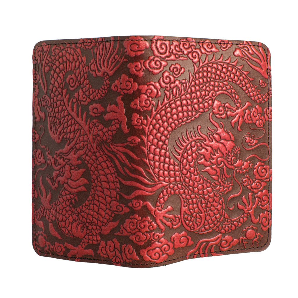 Oberon Design Refillable Leather Pocket Notebook Cover. Cloud Dragon, Red